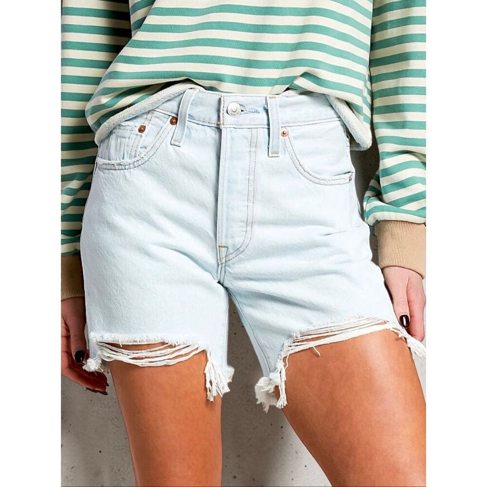 Levi’s 501 Mid Thigh Shorts High Rise Light Wash Button Fly Distresses Denim NWT